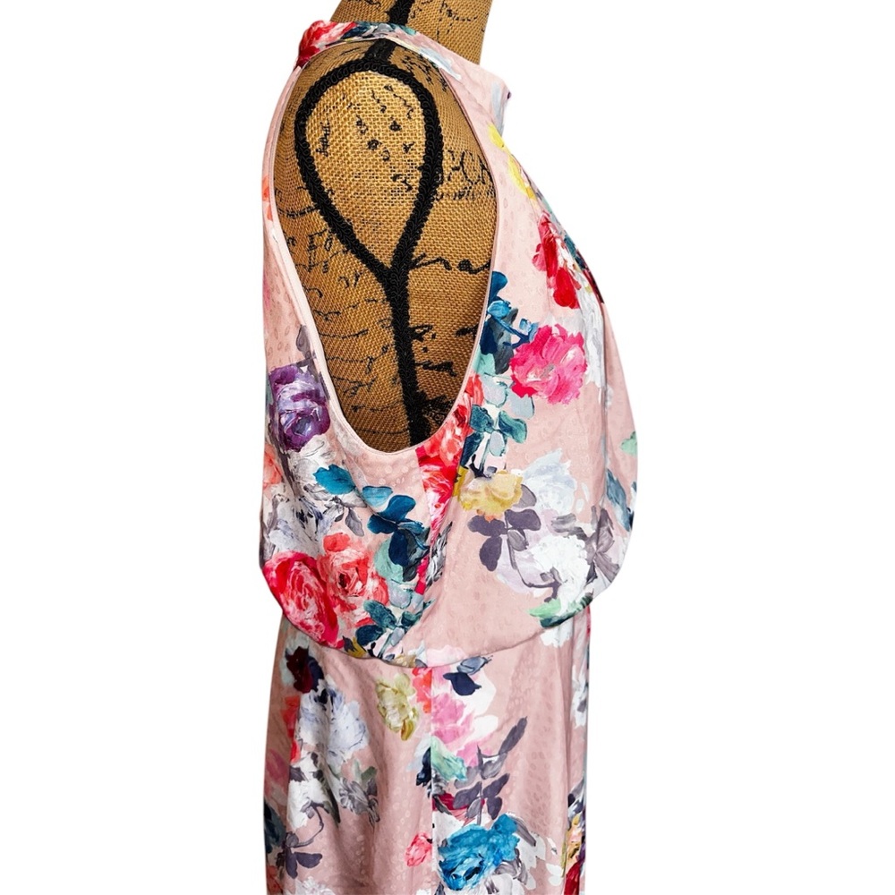 Adrianna Papell Dress Size 16 Blush Pink Floral Print Satin Jacquard Halter Gown - Picture 8 of 16